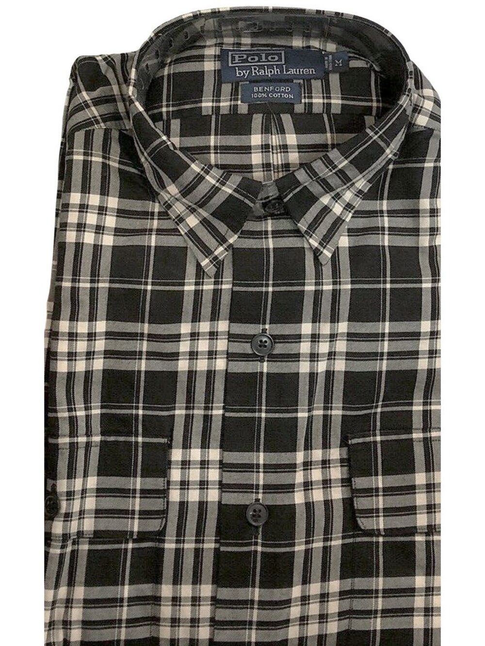 NEW Polo Ralph Lauren Shirt! M Black & Creme Plaid Benford Style 2 Chest Pockets